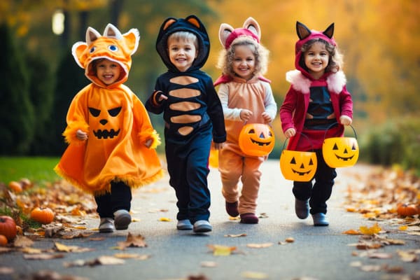 Kids trick or treat in Halloween costume. Happy Halloween. running kids with a basket for sweets.