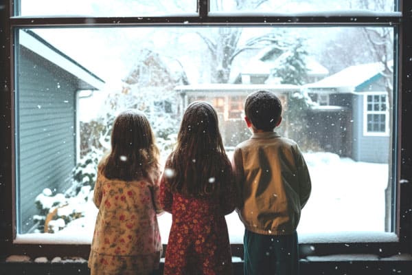 Three children looking out the window at snow falling