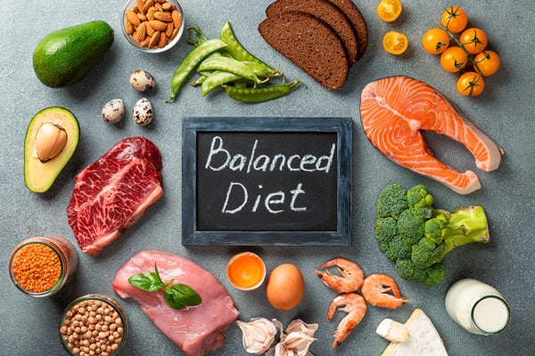 Balanced diet - healthy food on gray stone background. Various food ingredients and chalkboard with words Balanced Diet. Top view or flat lay.