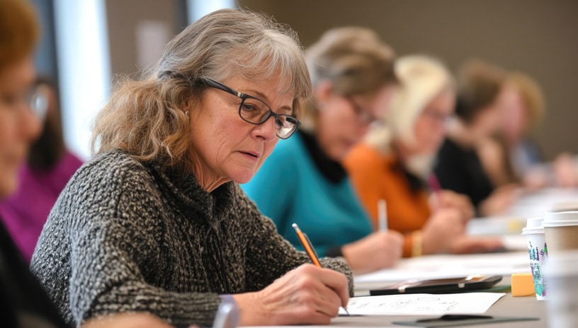 Older woman sitting at desk writing.