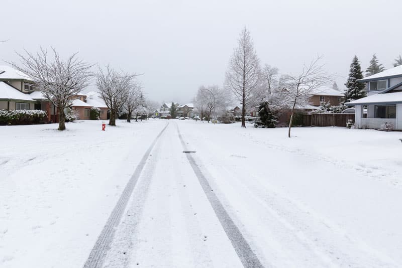 residential neighborhood in the suburbs during a winter snowstorm